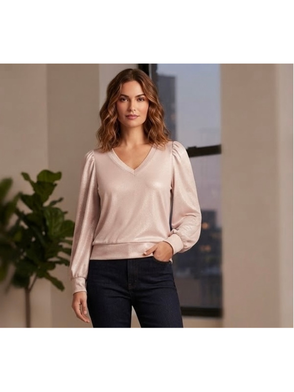 INC International Concepts Pink Metallic V-Neck Puff Sleeve Top Med NWT Coquette